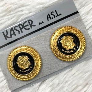 NWOT Kasper Black Enamel Gold Romanesque Coin Clip Earrings